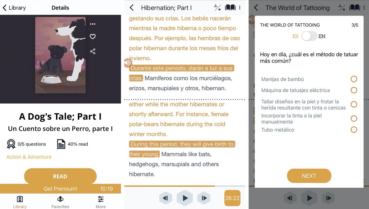 Beelinguapp app screens showing reading exercises