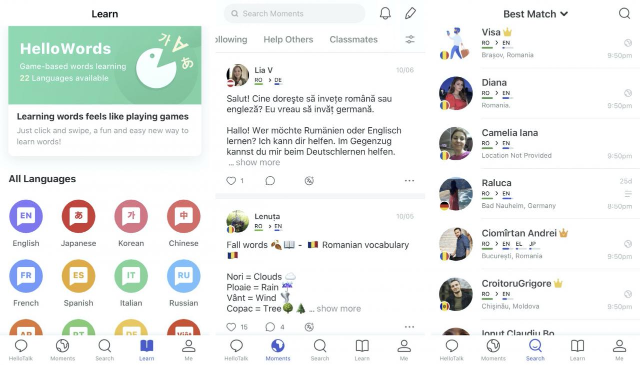 HelloTalk app screens showing language exercises