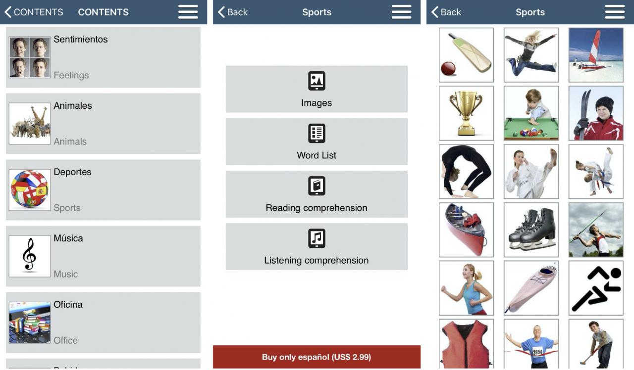 50 Languages app screens showing word comprehension exercises