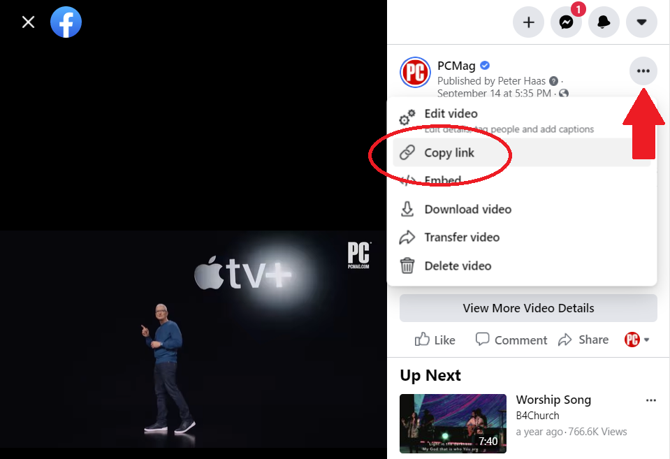 pcmag facebook video with the 'copy link' menu showing