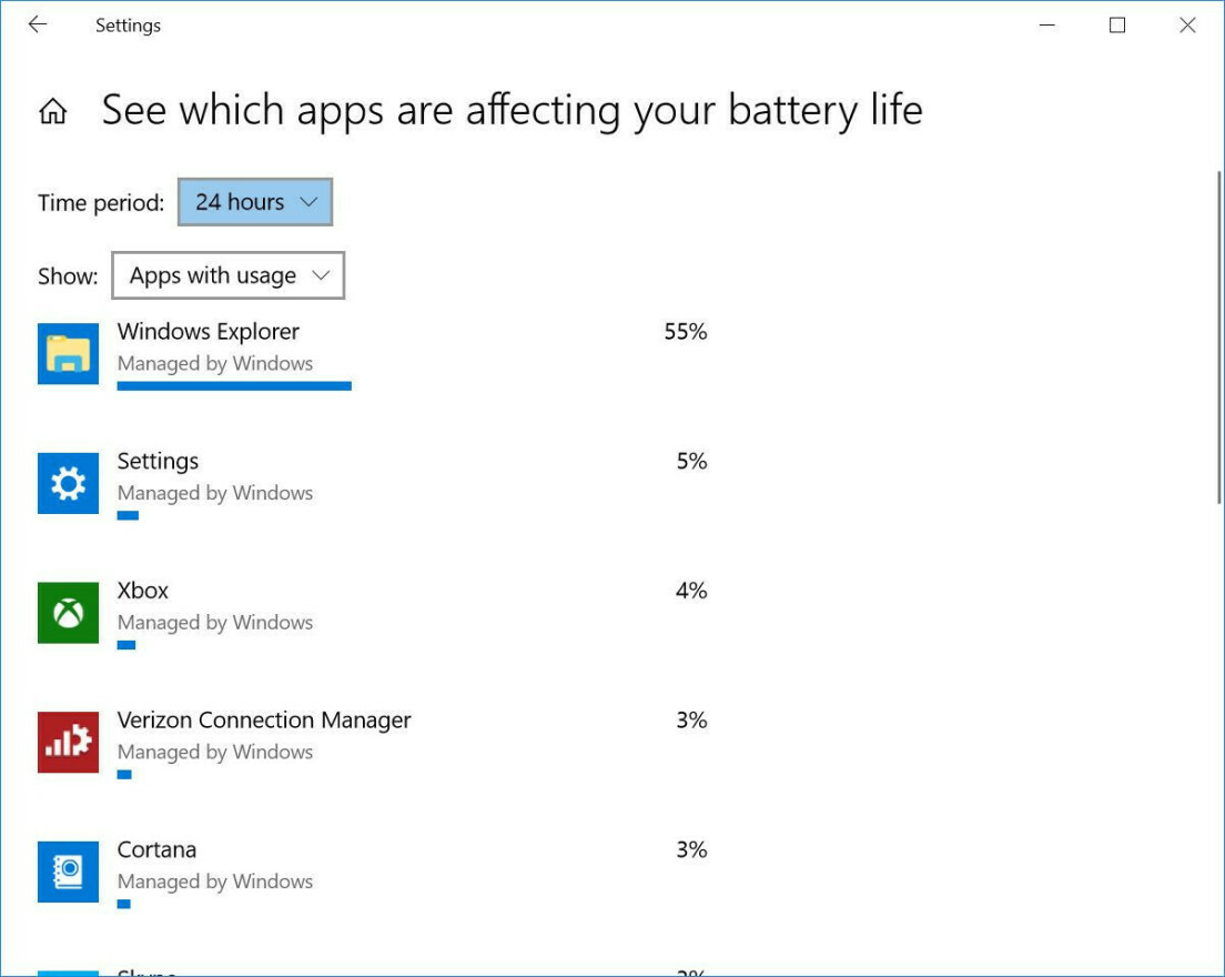 App list with power usage Windows
