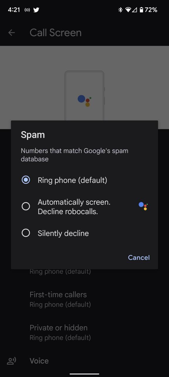 Tap on a category, such as Spam, to have it automatically screened.